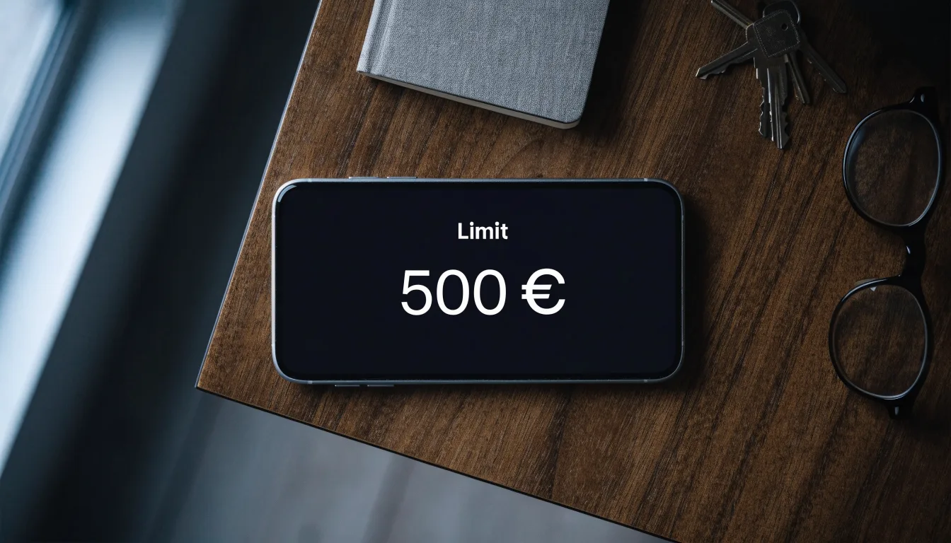 Ein Smartphone liegt mit dunklem Display auf einem Schreibtisch neben einem Schlüsselbund und einer Brille.