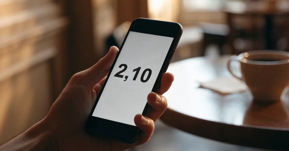 Eine Hand hält ein Smartphone mit dunklem Display, im Hintergrund unscharf ein Café-Tisch mit einer Tasse.