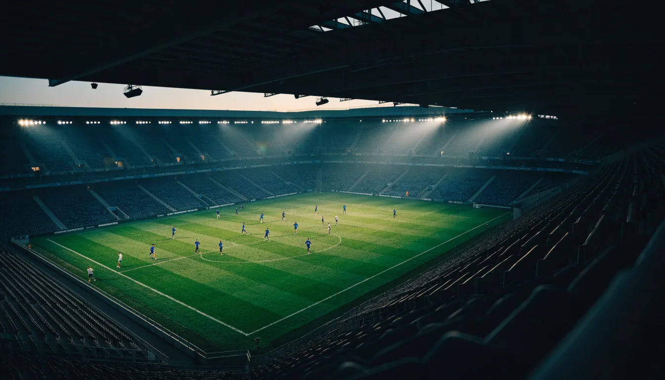 Eine leere Stadiontribüne unter Flutlicht aus der Ferne betrachtet, die Rasenfläche leuchtet grün in der Dämmerung.