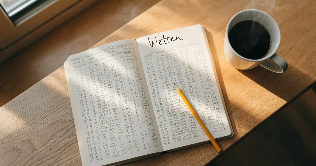 Handschriftliche Zahlenkolonnen in einem Notizbuch, daneben ein Bleistift und eine Tasse Kaffee auf hellem Holz.