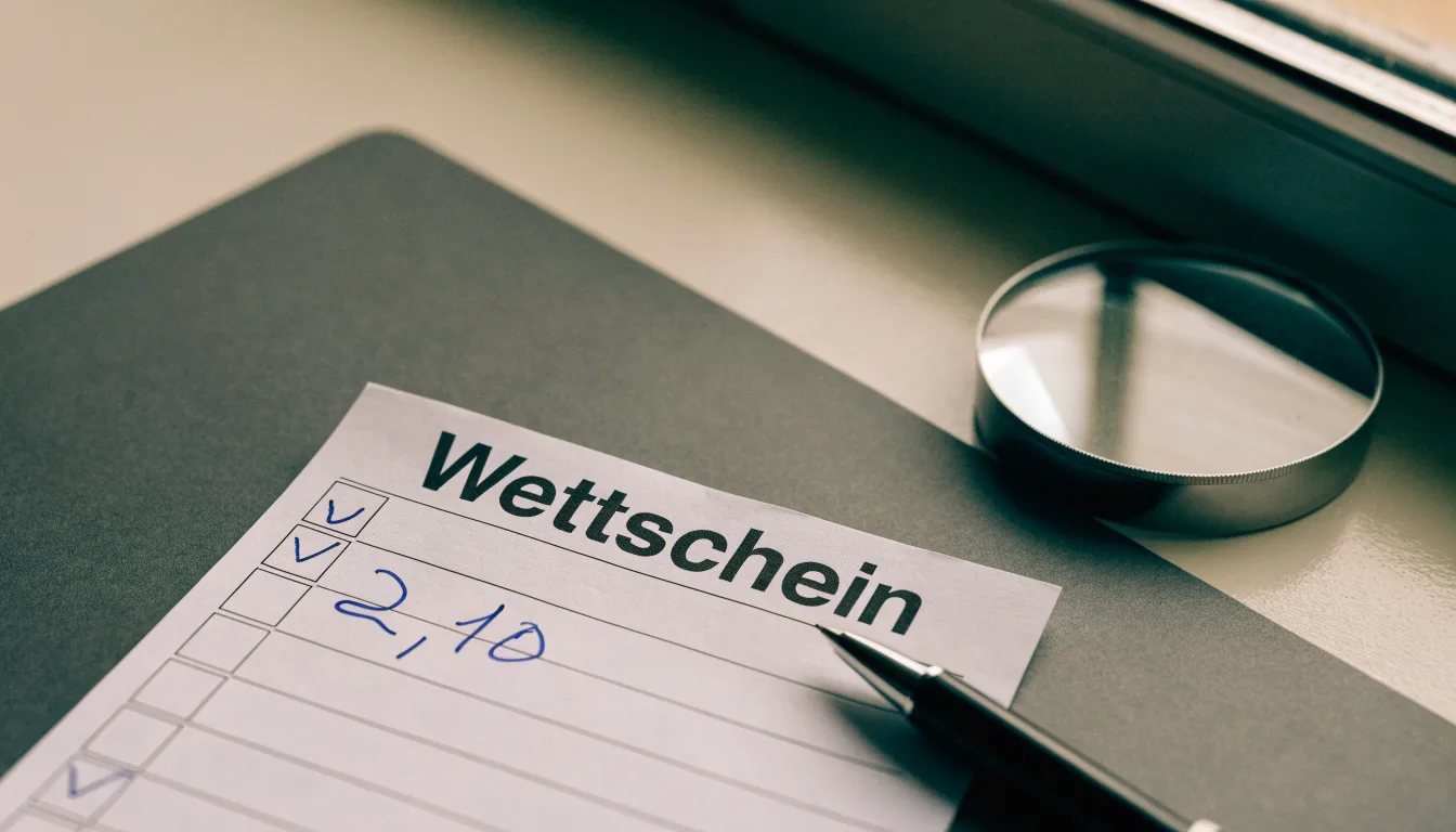 Ein leerer Wettschein aus Papier und ein Kugelschreiber liegen auf einem Schreibtisch neben einer Lupe.