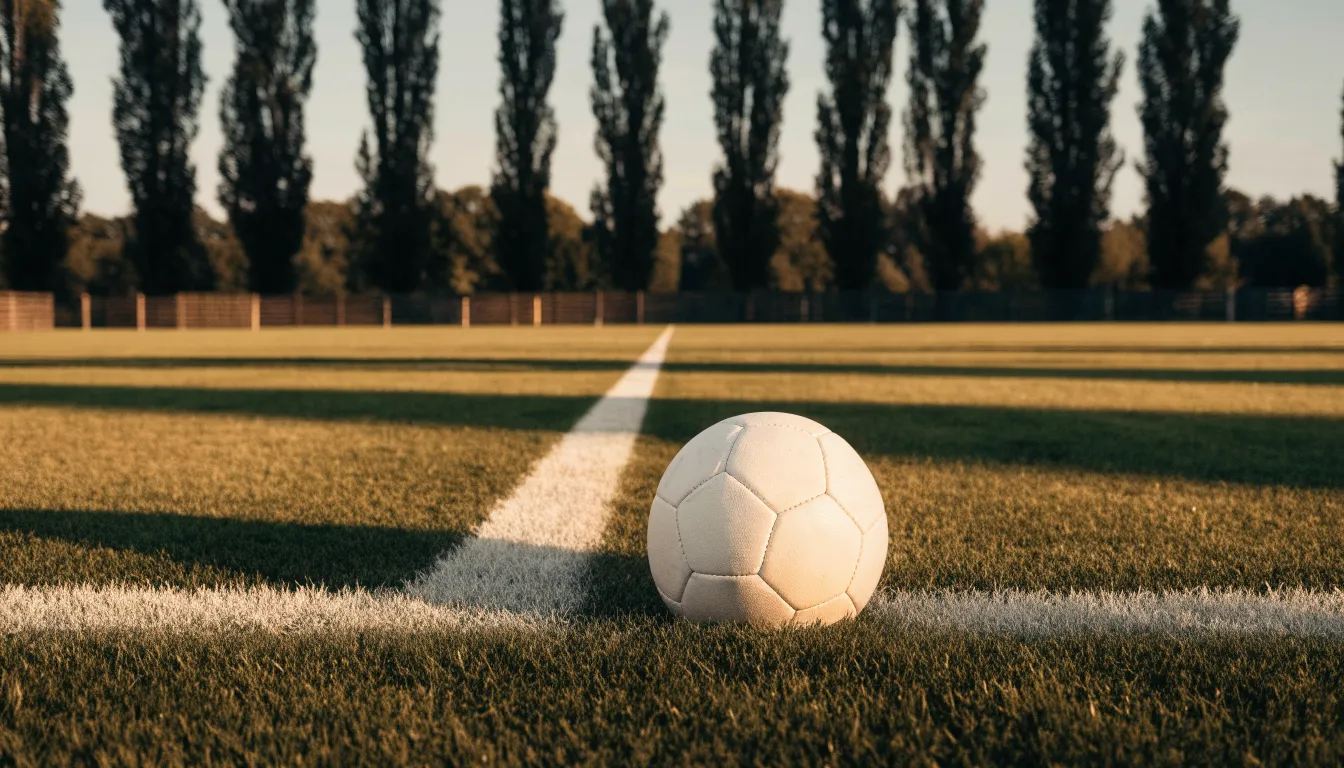 Ein Fußball liegt am Rand eines Rasens neben einer weißen Linie, im Hintergrund ein Zaun in der Abendsonne.