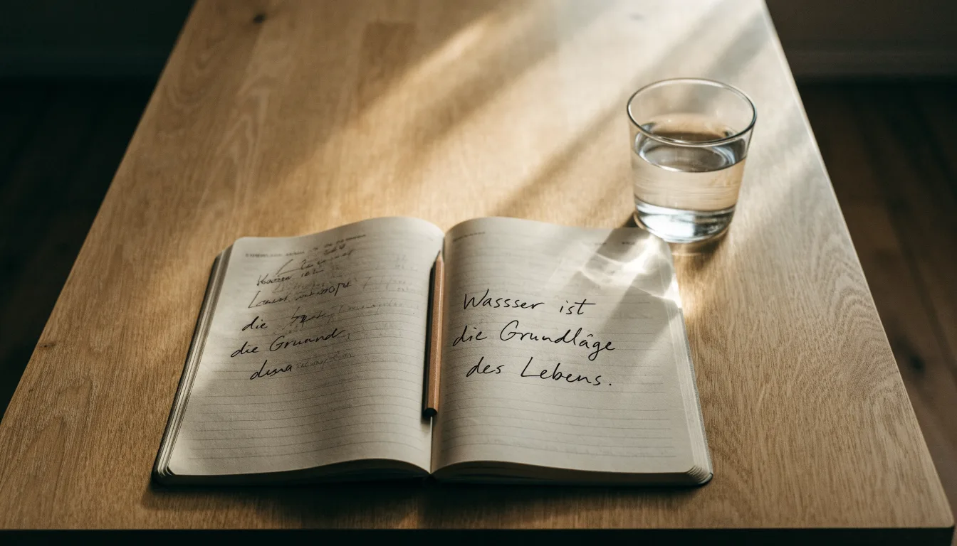 Ein Notizbuch und ein Bleistift liegen neben einem Glas Wasser auf einem hellen Tisch.