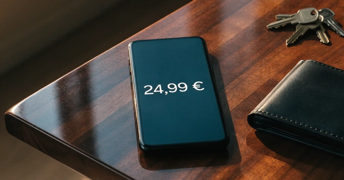 Ein Smartphone mit dunklem Display liegt neben einer Geldbörse und einem Schlüssel auf einem Tisch.