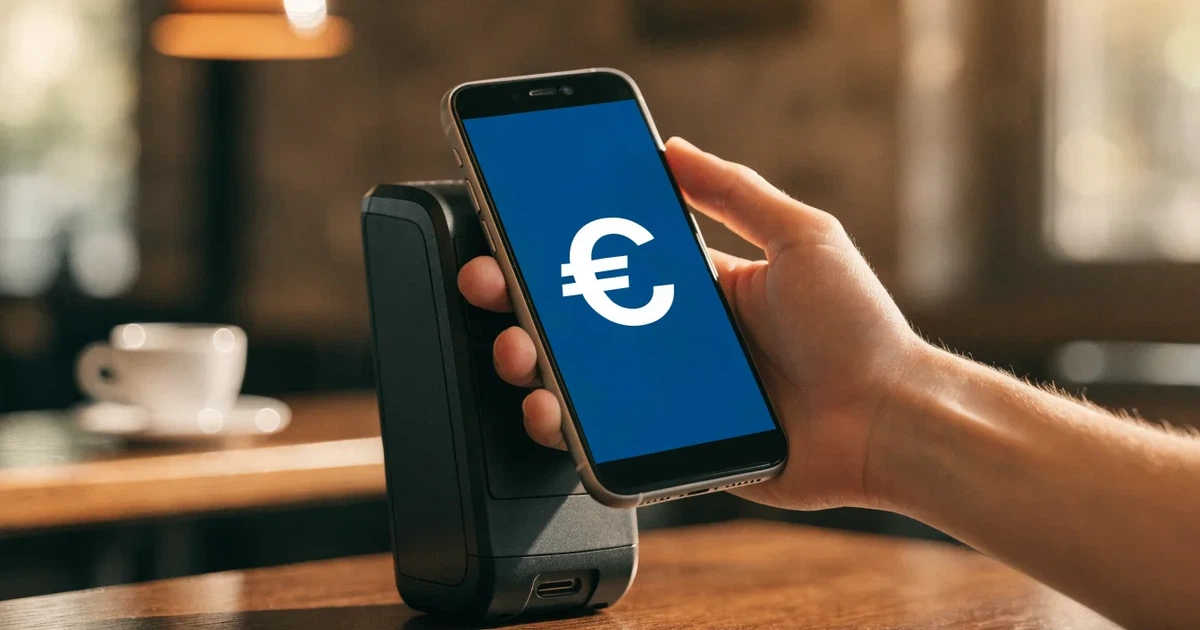 Eine Hand hält ein Smartphone dicht an ein Kartenlesegerät ohne erkennbare Beschriftung in einem Café.