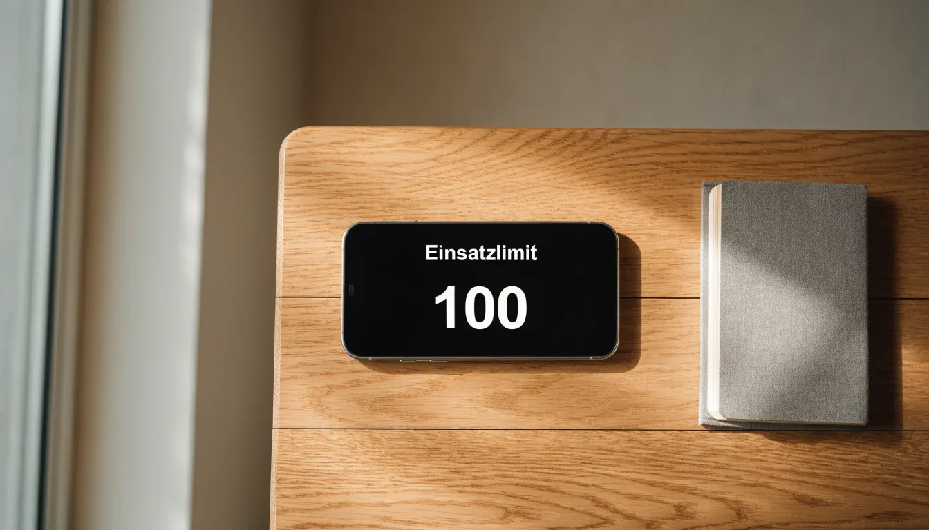 Eine Waage mit zwei leeren Schalen steht auf einem Holztisch vor einem Fenster.
