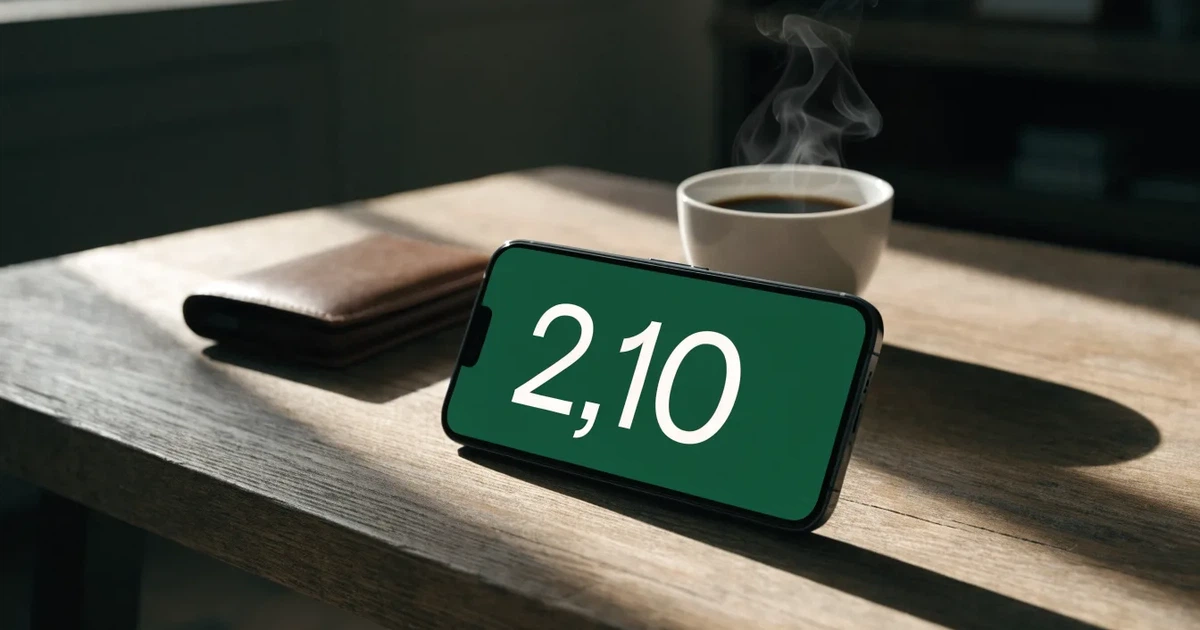 Ein Smartphone mit dunklem Display liegt auf einem Tisch neben einer Geldbörse und einer Tasse Kaffee.