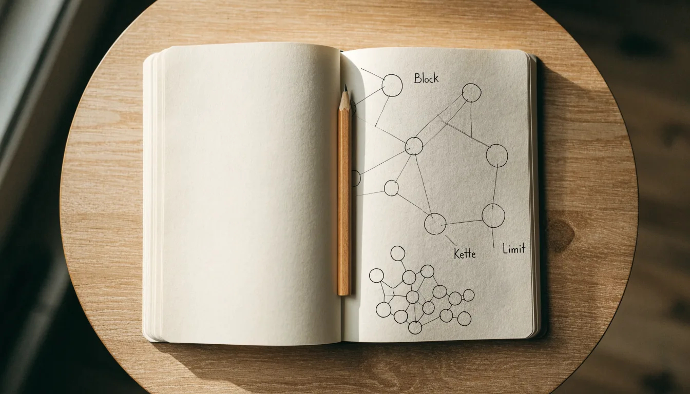 Ein Notizbuch mit handgezeichneten Knoten und Linien liegt neben einem Bleistift auf einem Schreibtisch.