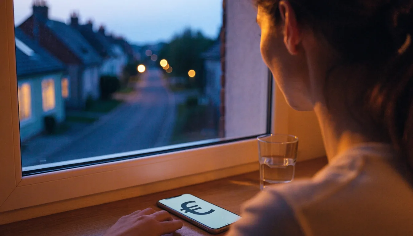 Die Silhouette einer Person sitzt am Abend am Fenster und blickt auf eine Straße, auf dem Fensterbrett steht ein Glas Wasser.