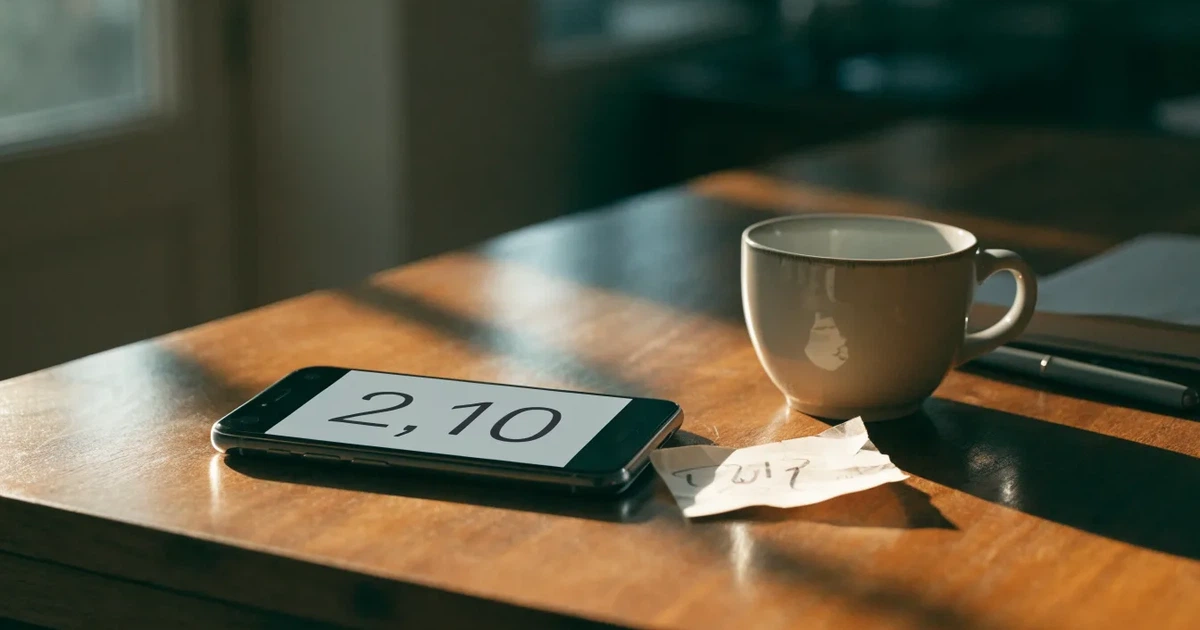Ein Holzschreibtisch im Morgenlicht mit geschlossenem Notizbuch, Kugelschreiber und Kaffeetasse, daneben ein Smartphone mit dunklem Bildschirm.