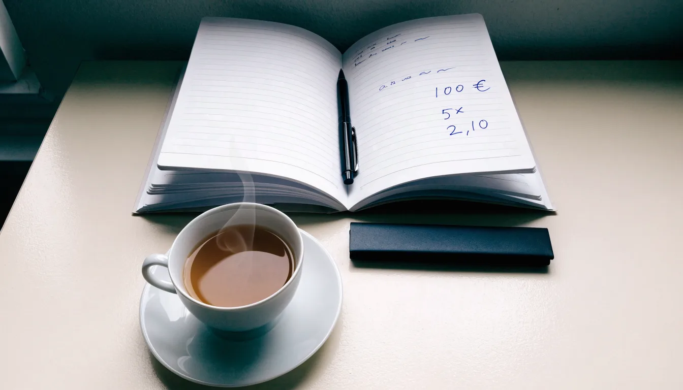 Ein Notizbuch mit handgeschriebenen Rechnungen und ein Taschenrechner auf einem hellen Schreibtisch neben einer Tasse Tee.
