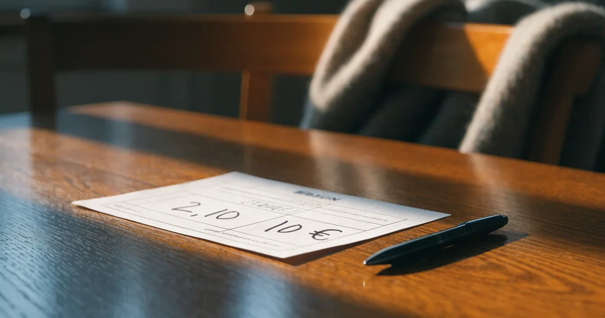 Ein leerer Papier-Wettschein und ein Kugelschreiber liegen auf einem Tisch, daneben ein kleiner Stapel Münzen.