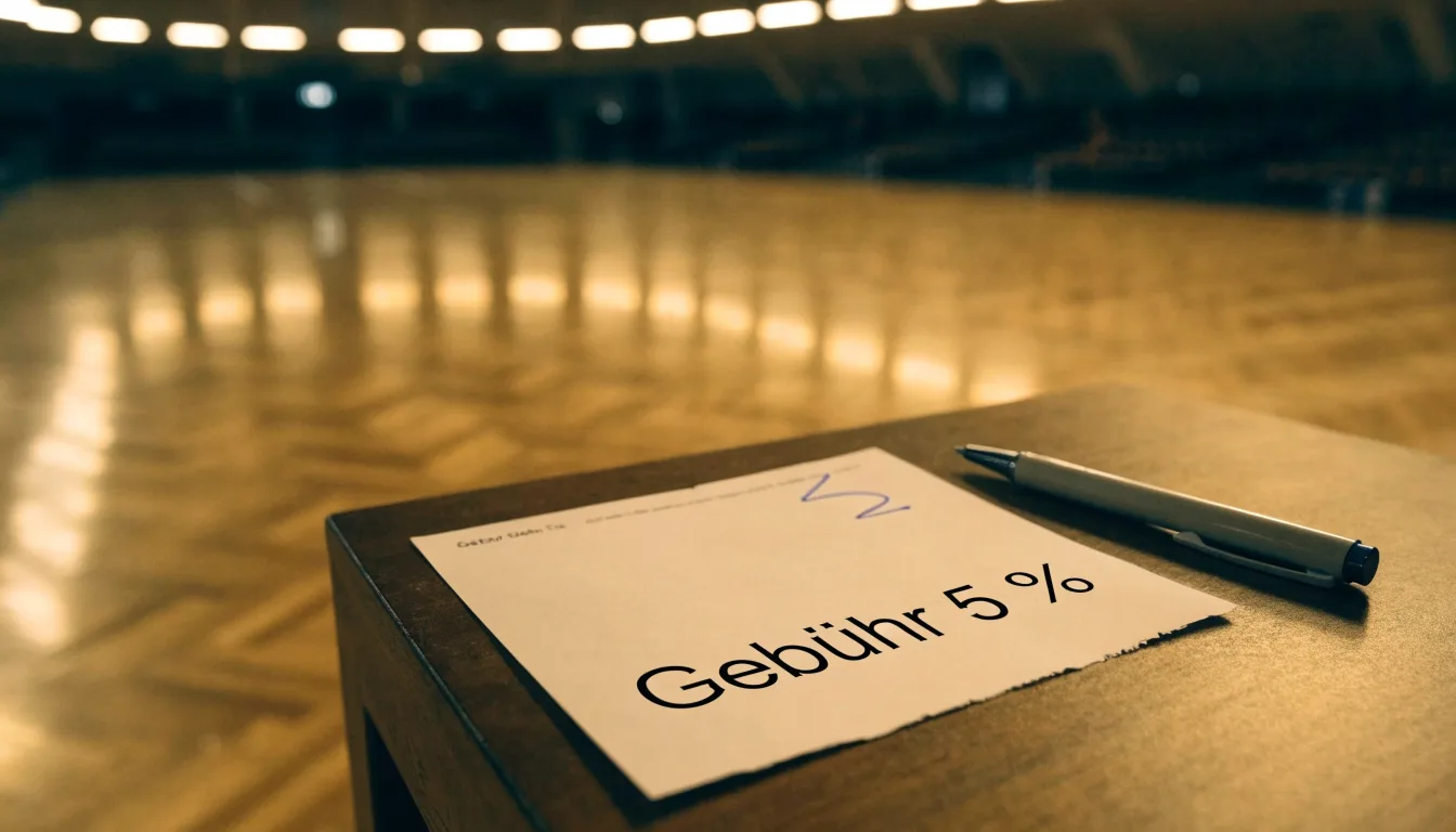 Ein Basketballfeld in einer leeren Halle, das Parkett spiegelt das Licht der Deckenlampen.