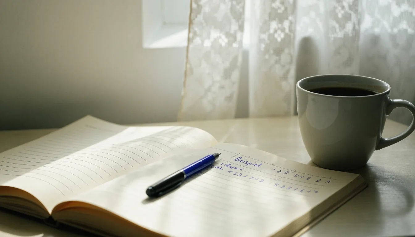 Eine Tasse Kaffee, ein Kugelschreiber und ein aufgeschlagenes leeres Notizbuch auf einem Küchentisch am Fenster.