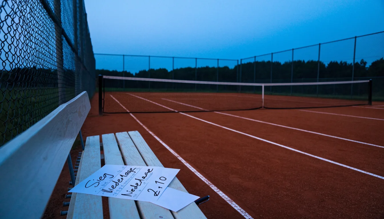 Ein Tennisplatz in der Dämmerung, Netz und Linien im Zwielicht, ohne Menschen und mit ruhigem Himmel.