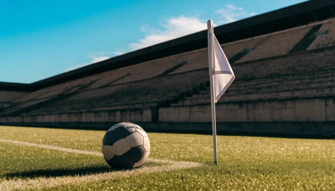 Ein Fußball liegt am Spielfeldrand eines Rasenplatzes, im Hintergrund eine leere Tribüne unter hellem Himmel.