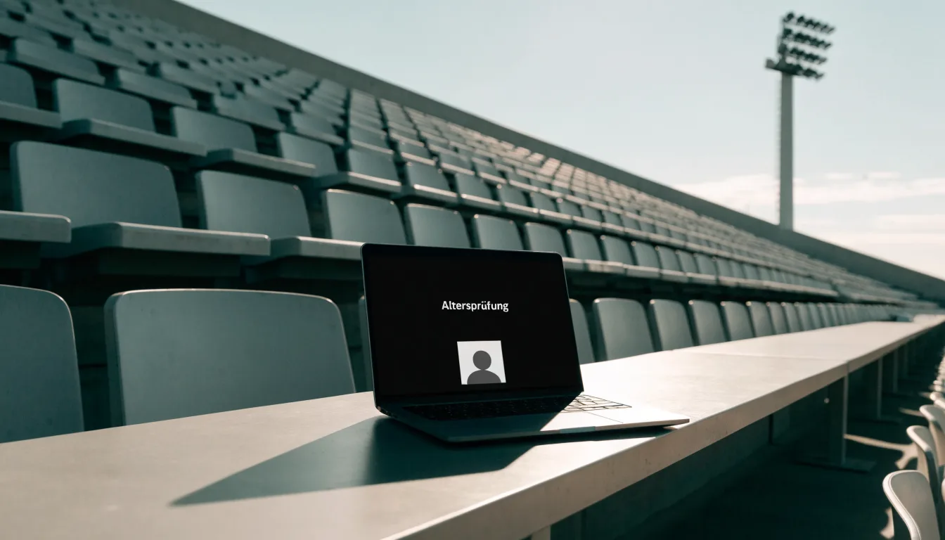 Eine leere Tribüne eines Fußballstadions bei Tageslicht, Sitzschalen in Reihen und dahinter ein Flutlichtmast.