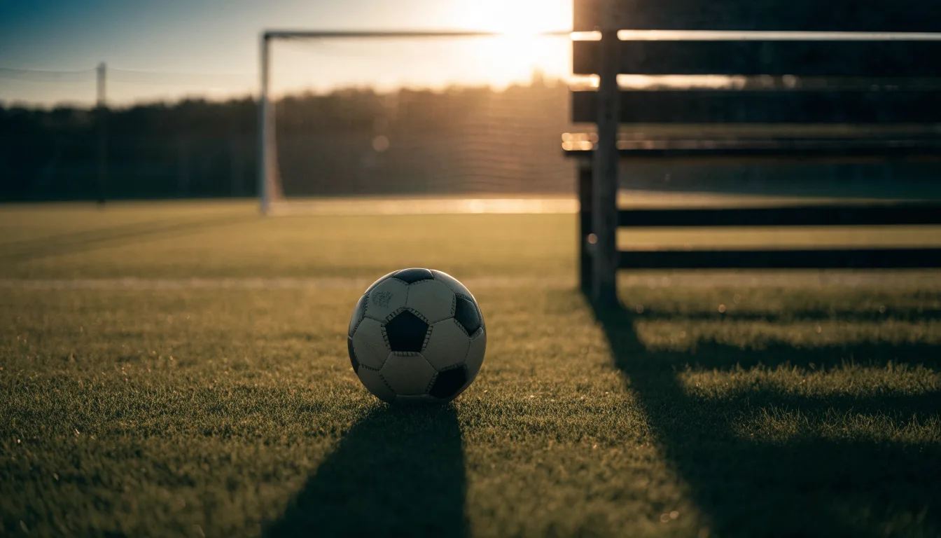 Ein Fußball auf einem Rasenplatz im Gegenlicht der tiefstehenden Sonne, am Rand eine leere Ersatzbank.
