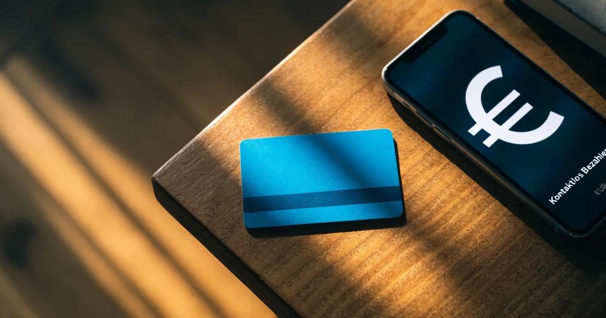 Eine Plastikkarte ohne Aufdruck liegt auf einem Holztisch neben einem Smartphone mit dunklem Bildschirm und einem Notizbuch.