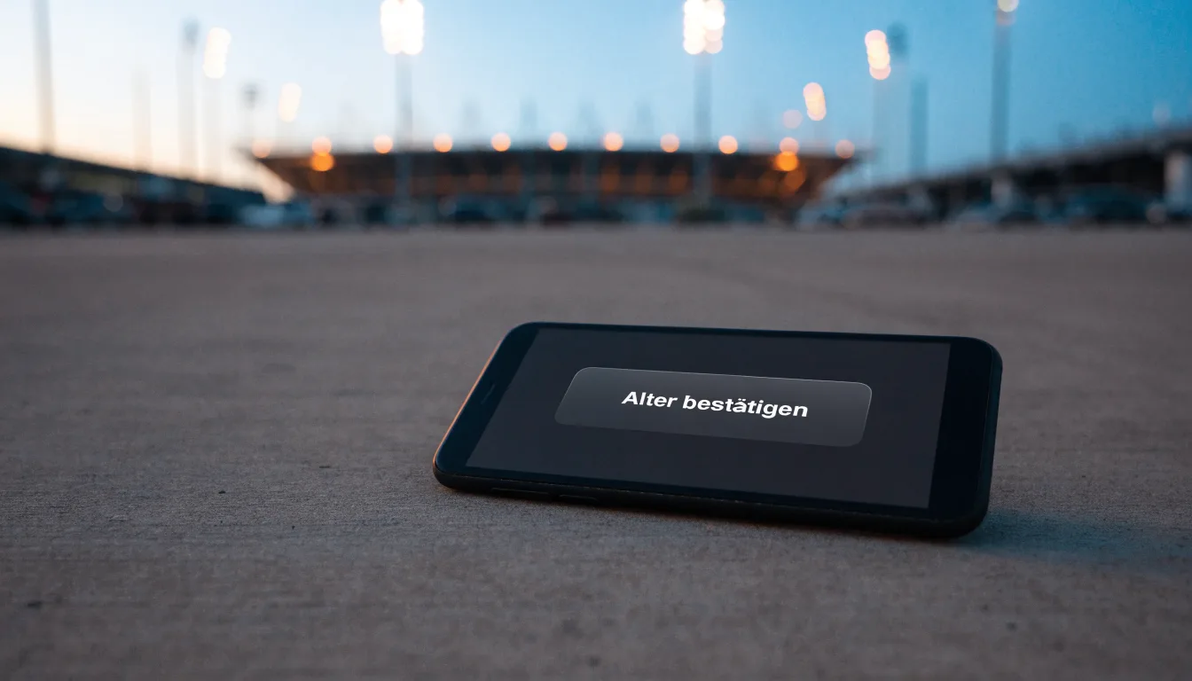 Ein Stadion unter Flutlicht aus der Ferne gesehen, davor ein leerer Parkplatz in der Dämmerung.