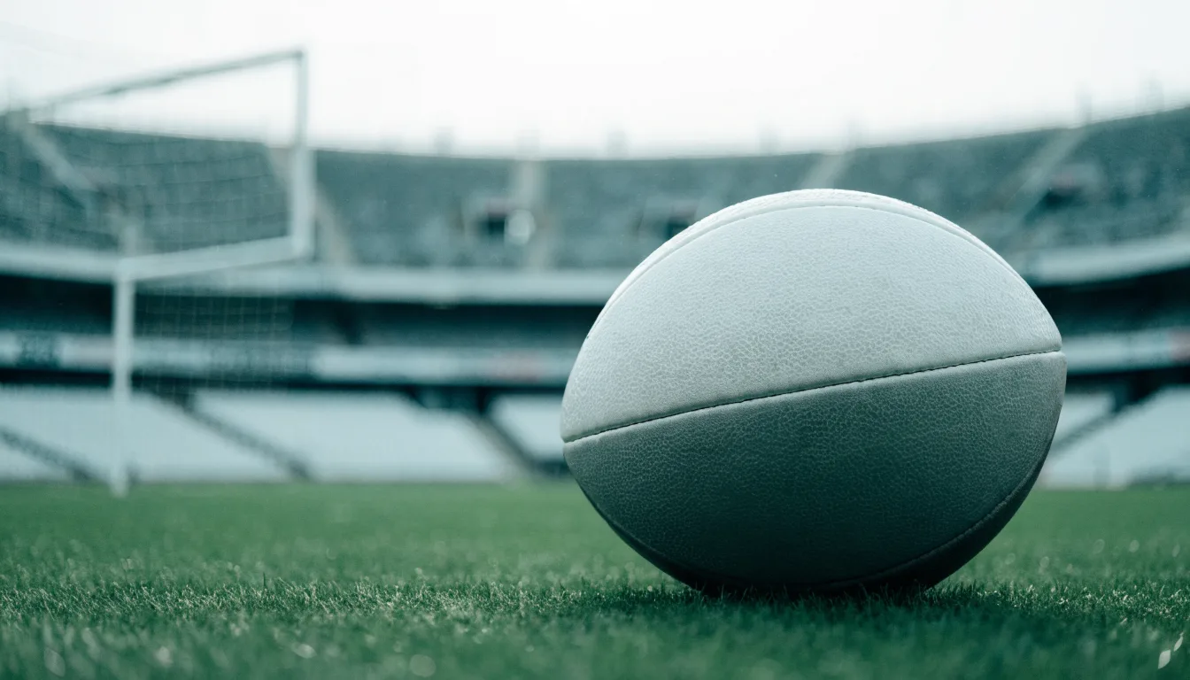 Ein Fußball auf einem Rasen, im Hintergrund ein leeres Stadion bei bewölktem Himmel.