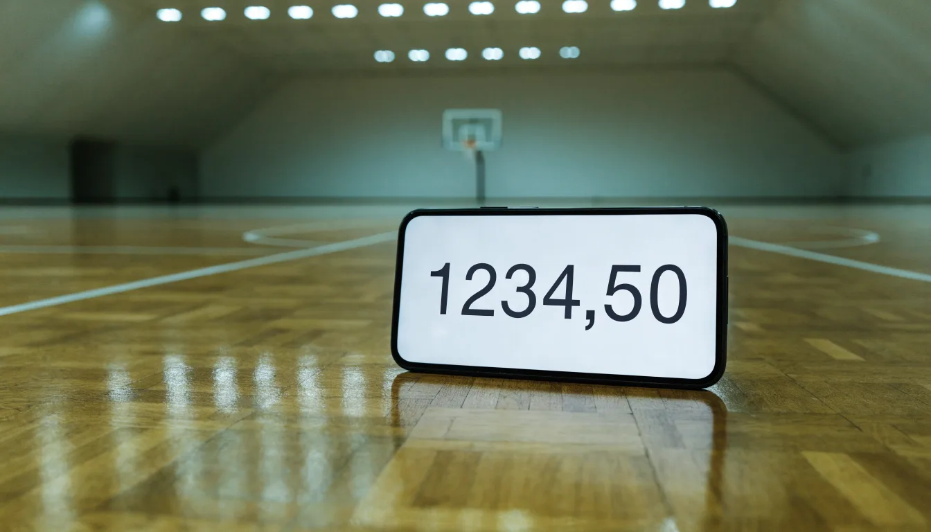 Ein Basketballfeld in einer leeren Halle, das Parkett spiegelt das Deckenlicht.