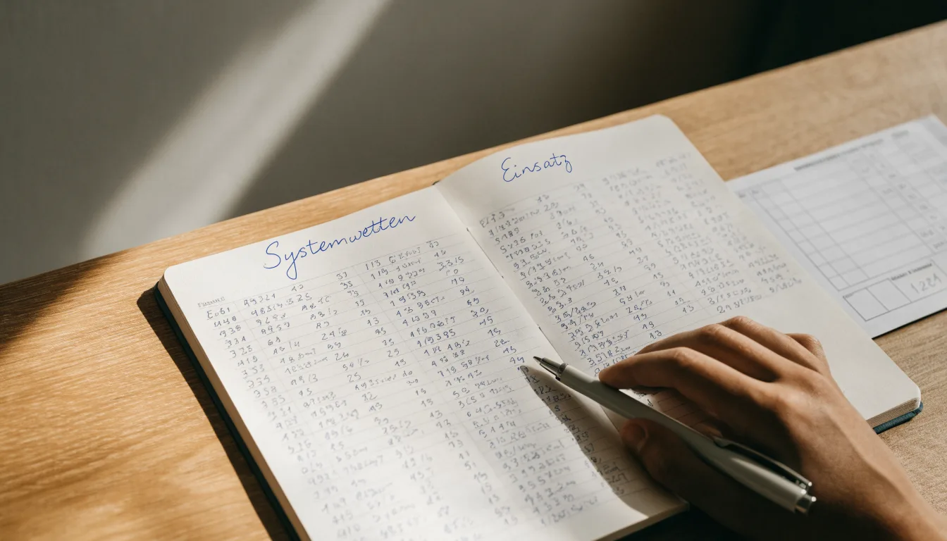 Ein Taschenrechner und ein Notizbuch mit handschriftlichen Zahlenreihen auf einem Schreibtisch neben einem Kugelschreiber.