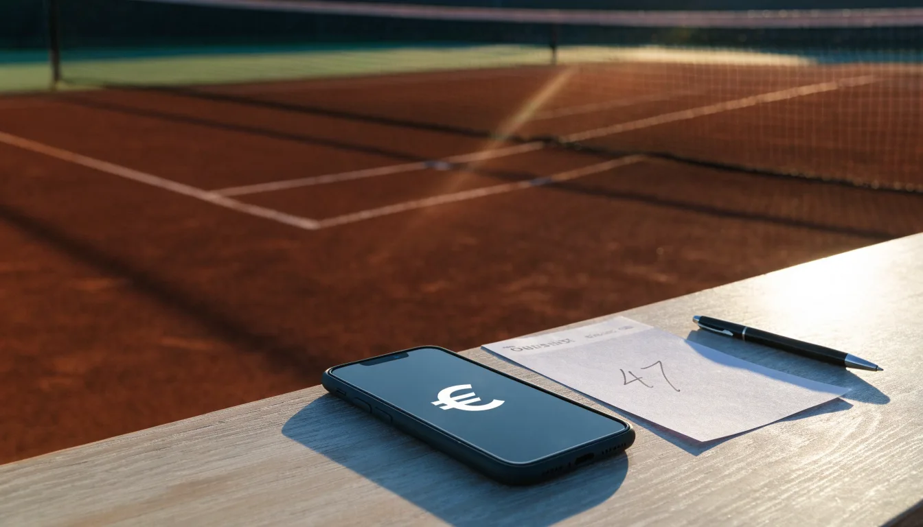 Ein Tennisplatz bei Sonnenaufgang, Netz und Linien im Streiflicht, ohne Menschen.