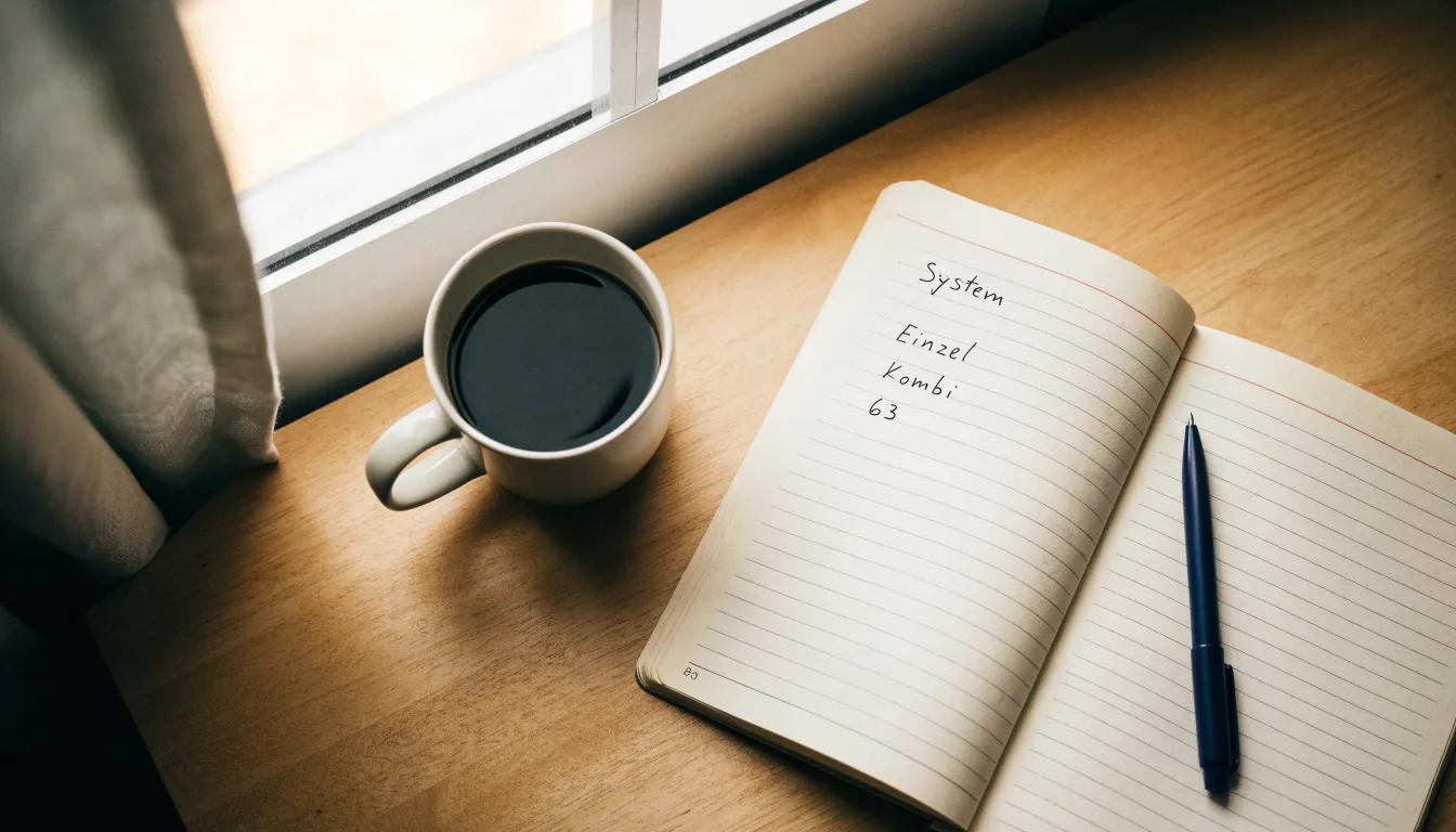 Ein aufgeschlagenes leeres Notizbuch mit Kugelschreiber neben einer Tasse Kaffee auf einem Tisch am Fenster.