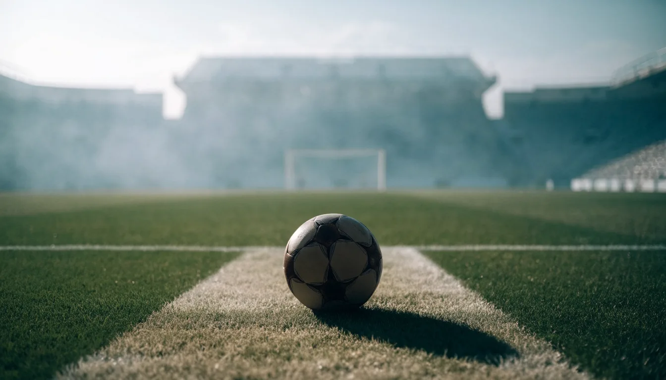Ein Fußball liegt auf dem Anstoßpunkt eines leeren Rasenplatzes, im Hintergrund hängt Morgendunst über den Tribünen.