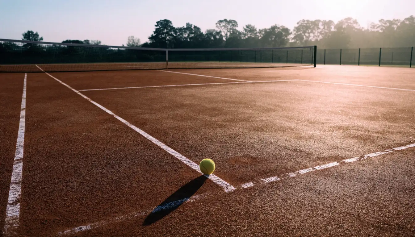 Ein Tennisplatz bei Sonnenaufgang, die Linien noch taufeucht, ein einzelner Ball liegt an der Grundlinie.