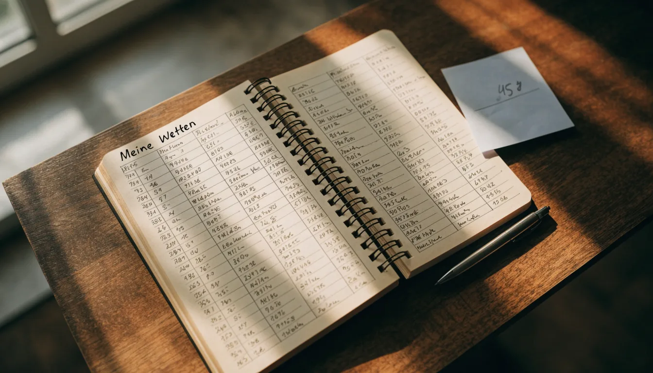 Ein Notizbuch mit handschriftlichen Notizen liegt aufgeschlagen neben einem leeren Papier-Wettschein auf einem Holztisch.