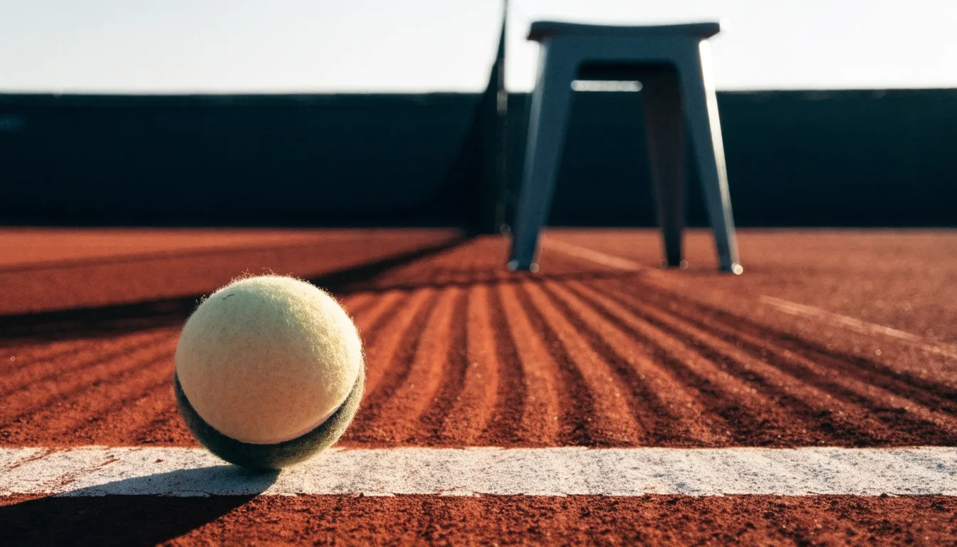 Ein Tennisball liegt auf einem roten Sandplatz bei Sonnenaufgang, im Hintergrund ein leerer Schiedsrichterstuhl.
