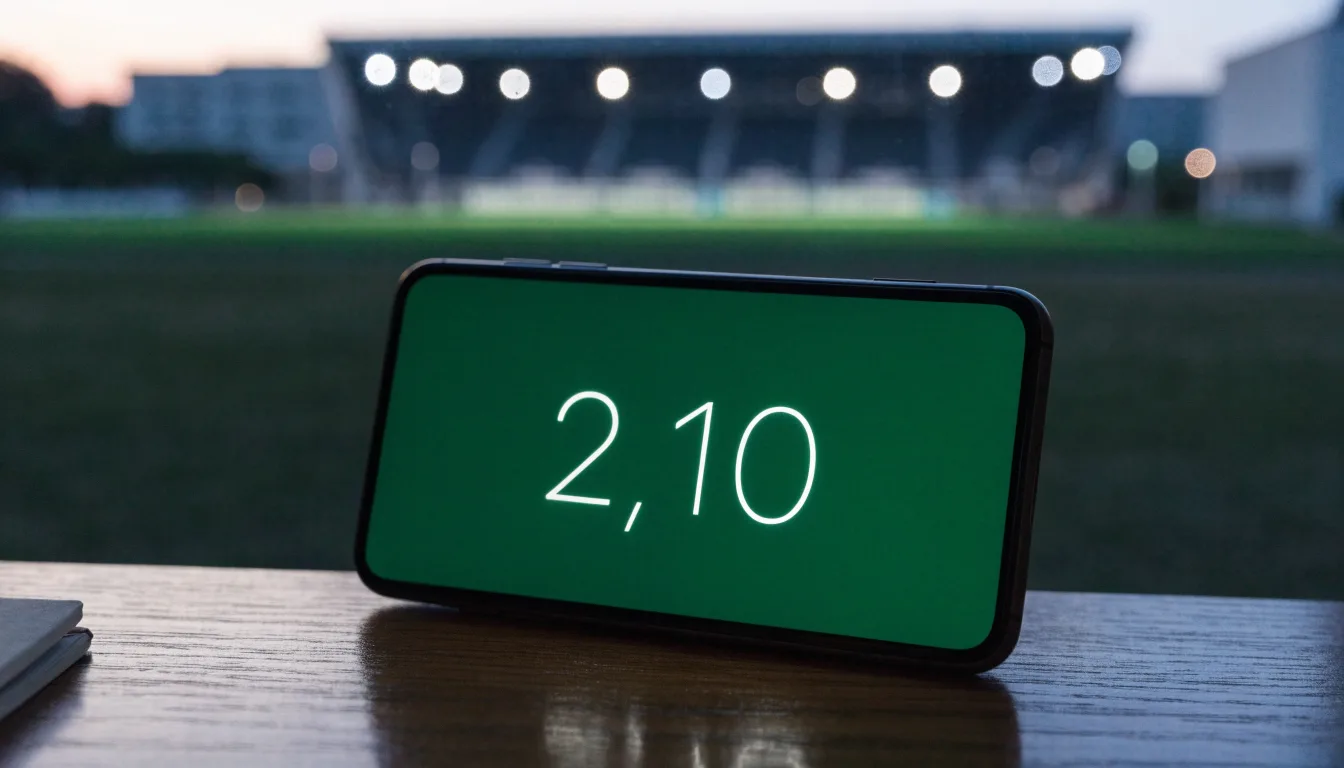 Ein Stadion unter Flutlicht aus der Ferne, davor ein stilles Feld im Dämmerlicht.