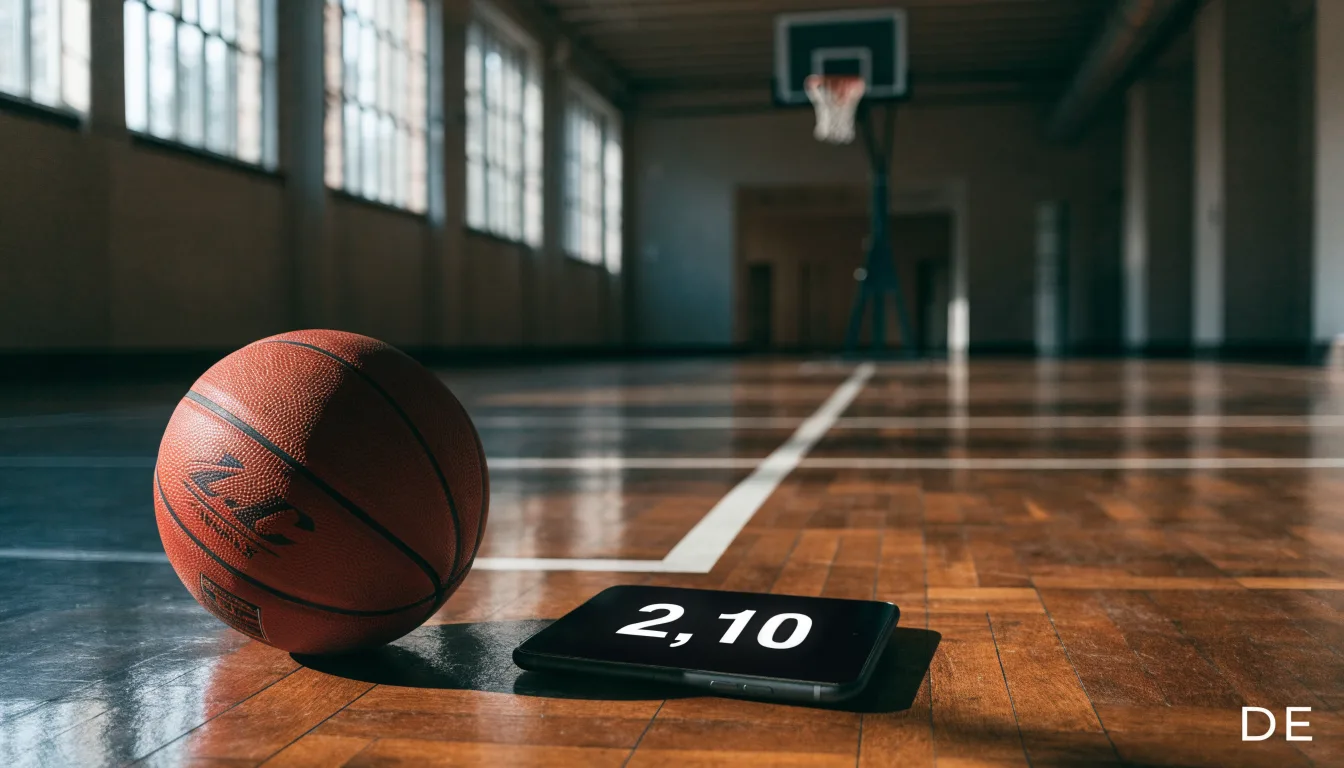 Ein Basketball liegt auf dem Parkett einer leeren Halle, Licht fällt durch hohe Fenster.