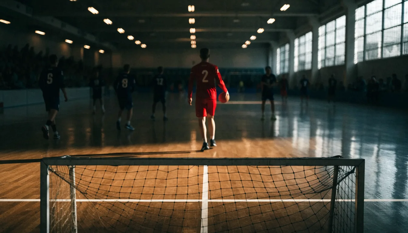 Ein Handball liegt in einer leeren Halle auf dem Boden vor dem Tor.
