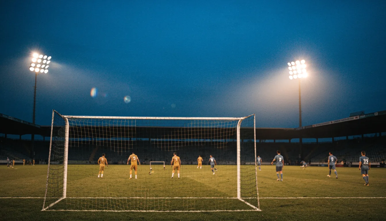 Ein Stadion bei Dämmerung mit eingeschalteten Flutlichtmasten, von einer Brücke aus aufgenommen.