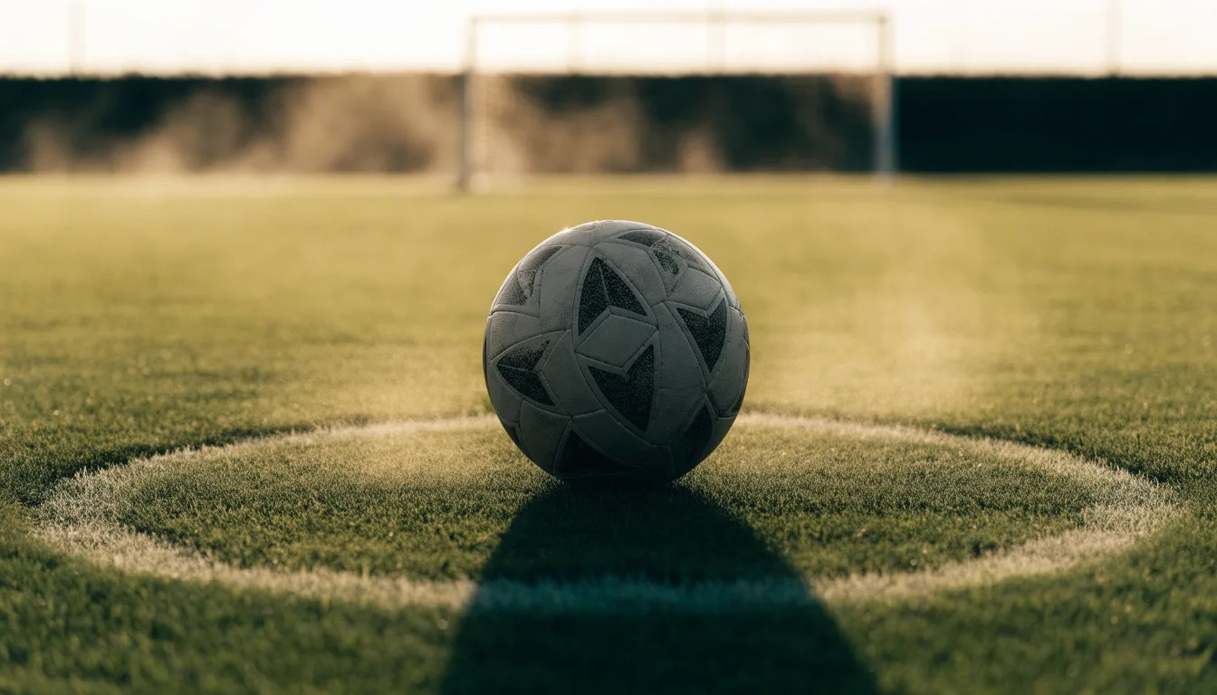 Ein Fußball liegt auf dem Anstoßkreis eines leeren Rasenplatzes im frühen Morgenlicht.
