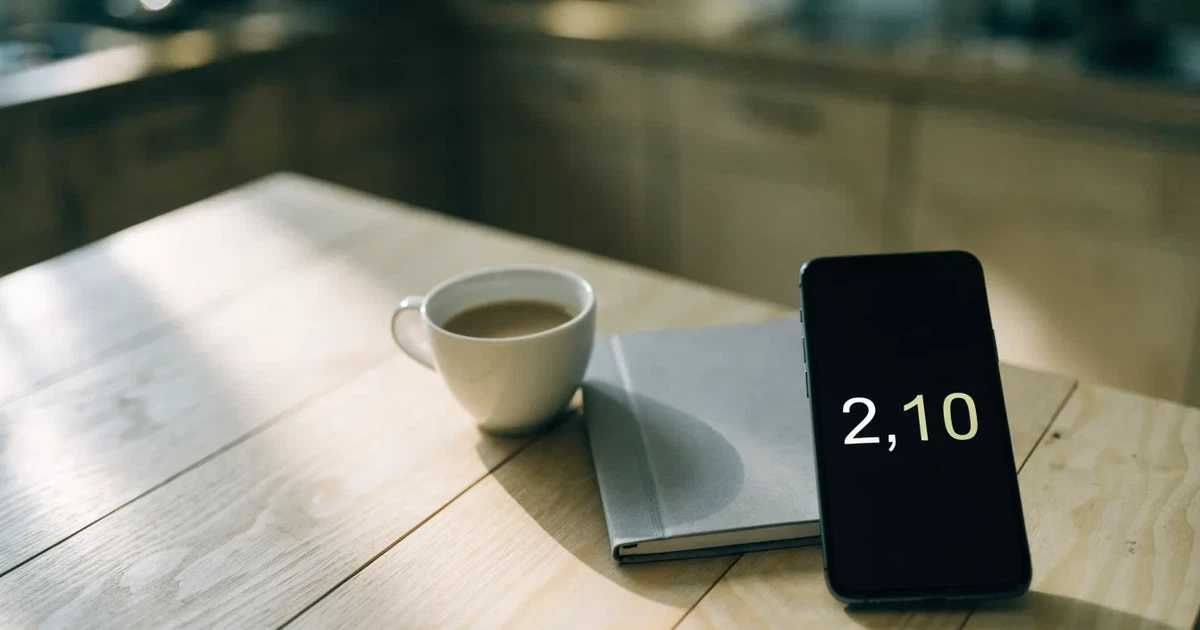 Ein Smartphone mit dunklem Display liegt neben einer Kaffeetasse und einem Notizbuch auf einem Küchentisch.