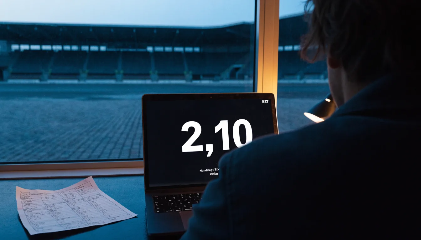 Die Rückseite einer Tribüne bei Dämmerung, davor ein menschenleerer Vorplatz mit Pflastersteinen.