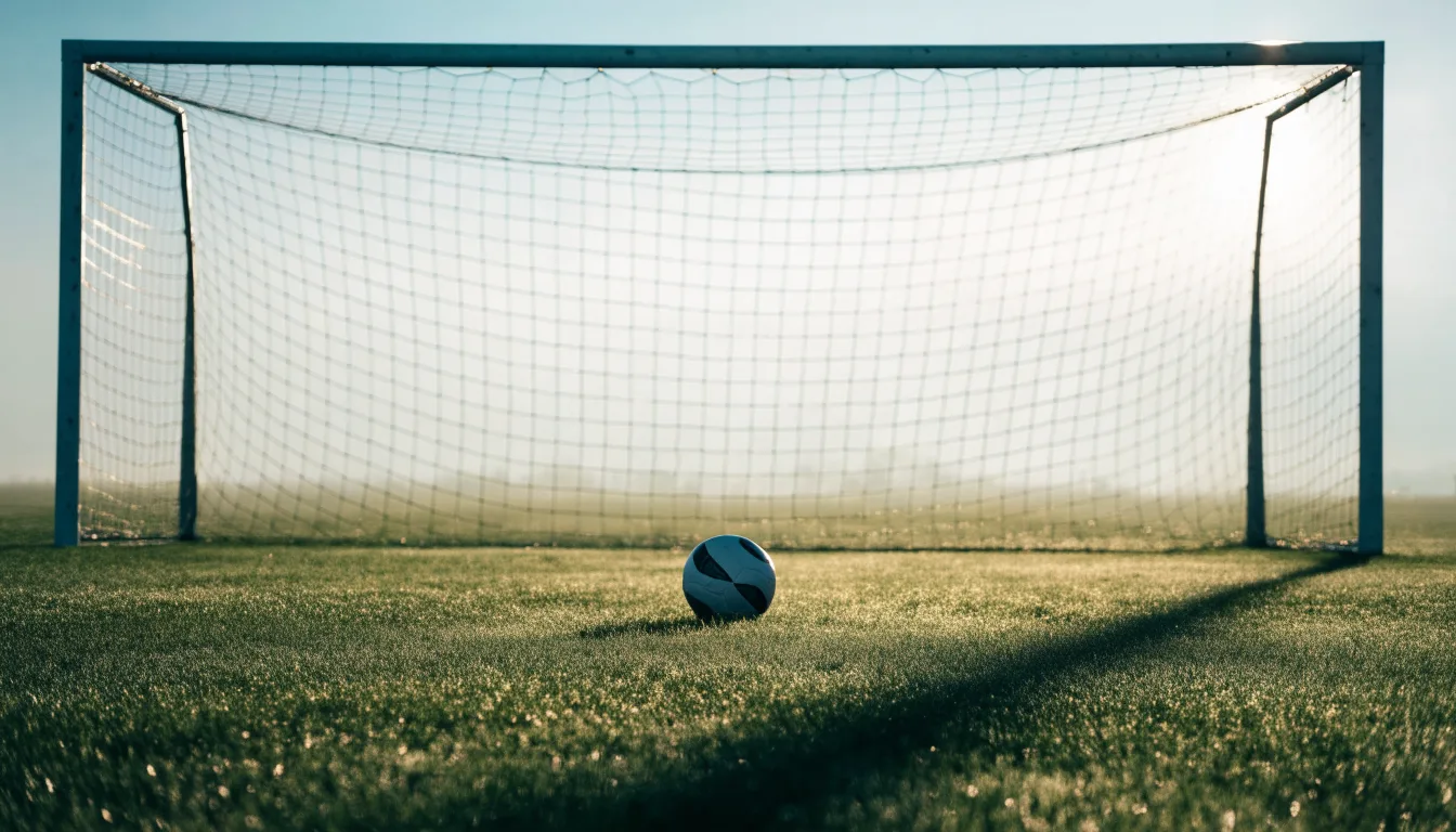 Ein Fußball auf dem Rasen vor einem leeren Tor im frühen Morgenlicht.