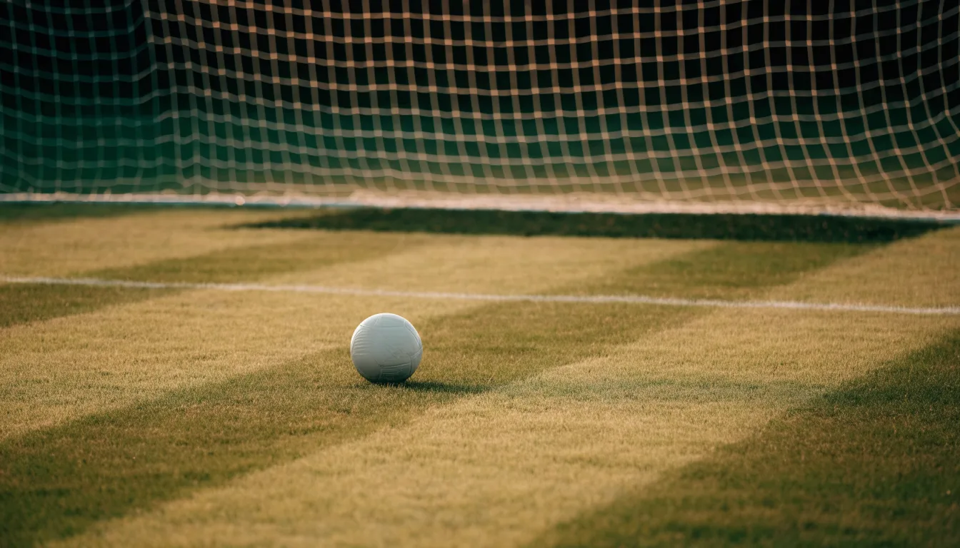Ein Fußball liegt im Strafraum eines leeren Platzes, dahinter die Netze des Tores im Abendlicht.