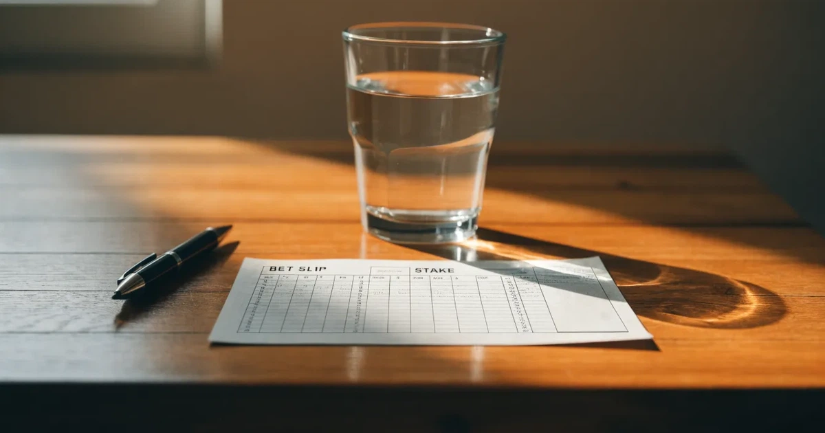 Ein leerer Papier-Wettschein liegt zusammen mit einem Kugelschreiber auf einem Tisch, daneben ein Glas Wasser.