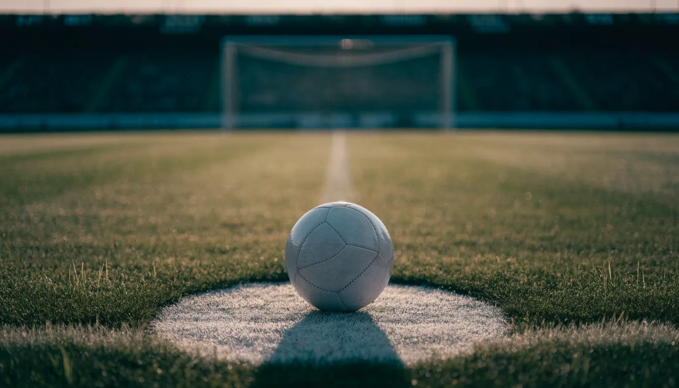 Ein Fußball liegt auf dem Elfmeterpunkt eines leeren Platzes im Abendlicht.