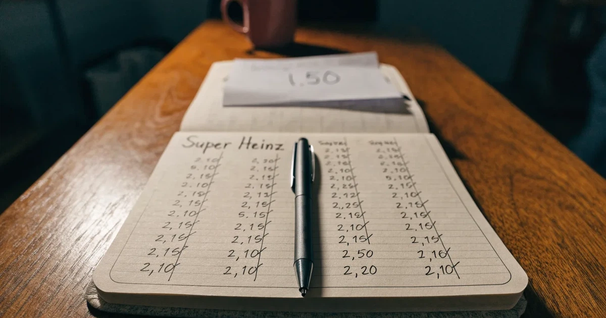 Ein Notizbuch mit handschriftlichen Zahlenreihen und Strichlisten liegt neben einem Taschenrechner auf einem Schreibtisch.