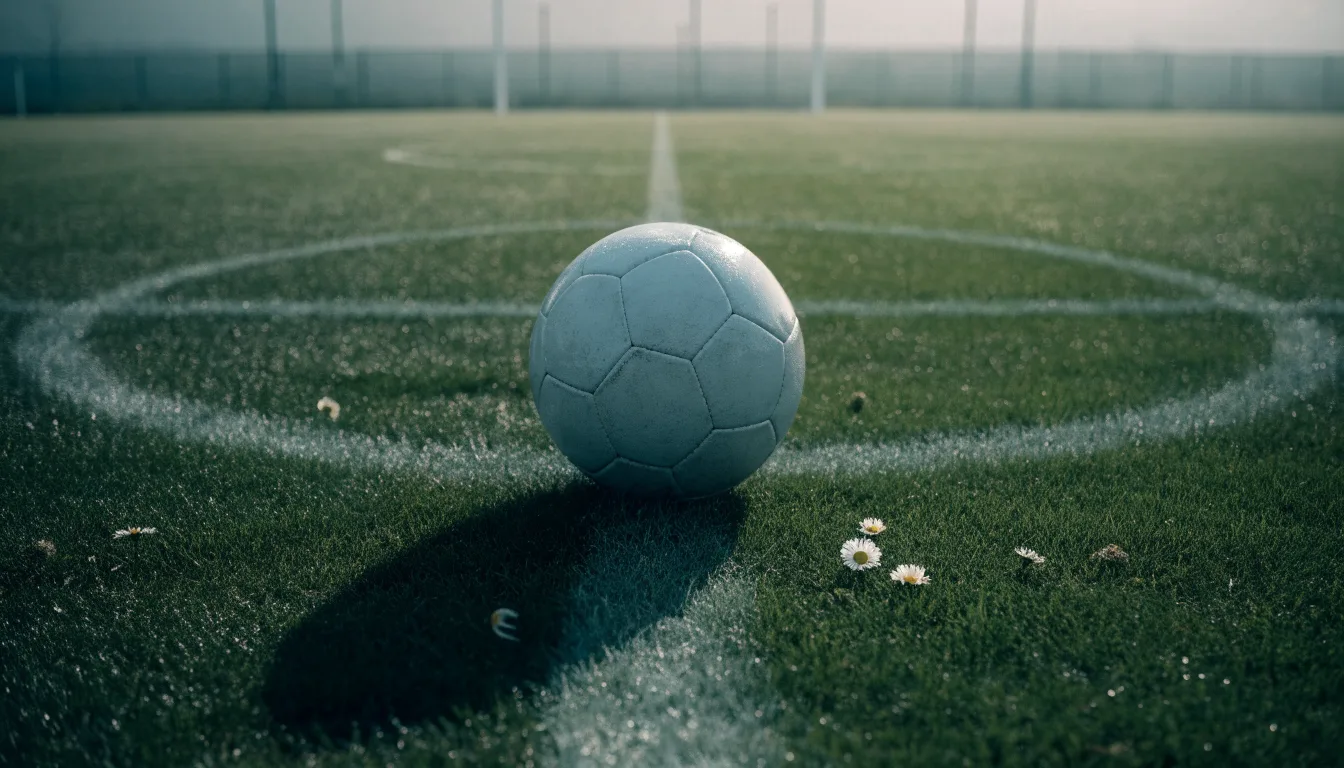 Ein Fußball auf dem Mittelkreis eines leeren Rasenplatzes im frühen Morgenlicht.