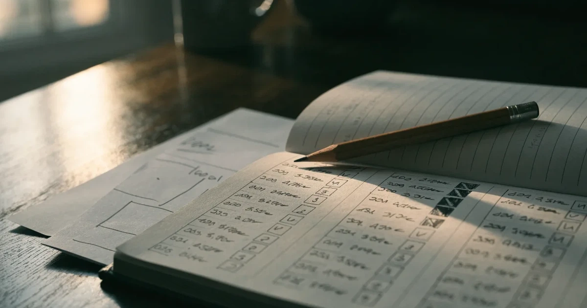 Ein Notizbuch mit handschriftlichen Zahlenreihen und Kästchen liegt neben einem Taschenrechner und einem Bleistift auf einem Schreibtisch.
