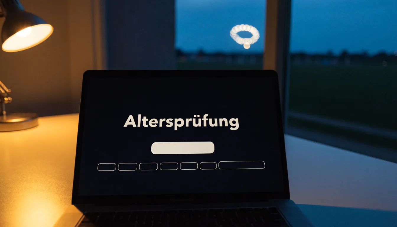 Ein beleuchtetes Stadion aus großer Distanz am Abend, im Vordergrund ein Feldweg.