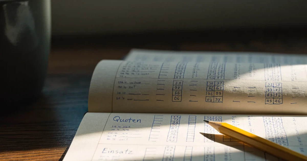 Ein Notizbuch mit handschriftlichen Kästchen und Linien liegt neben einem Bleistift und einem Taschenrechner auf einem Schreibtisch.