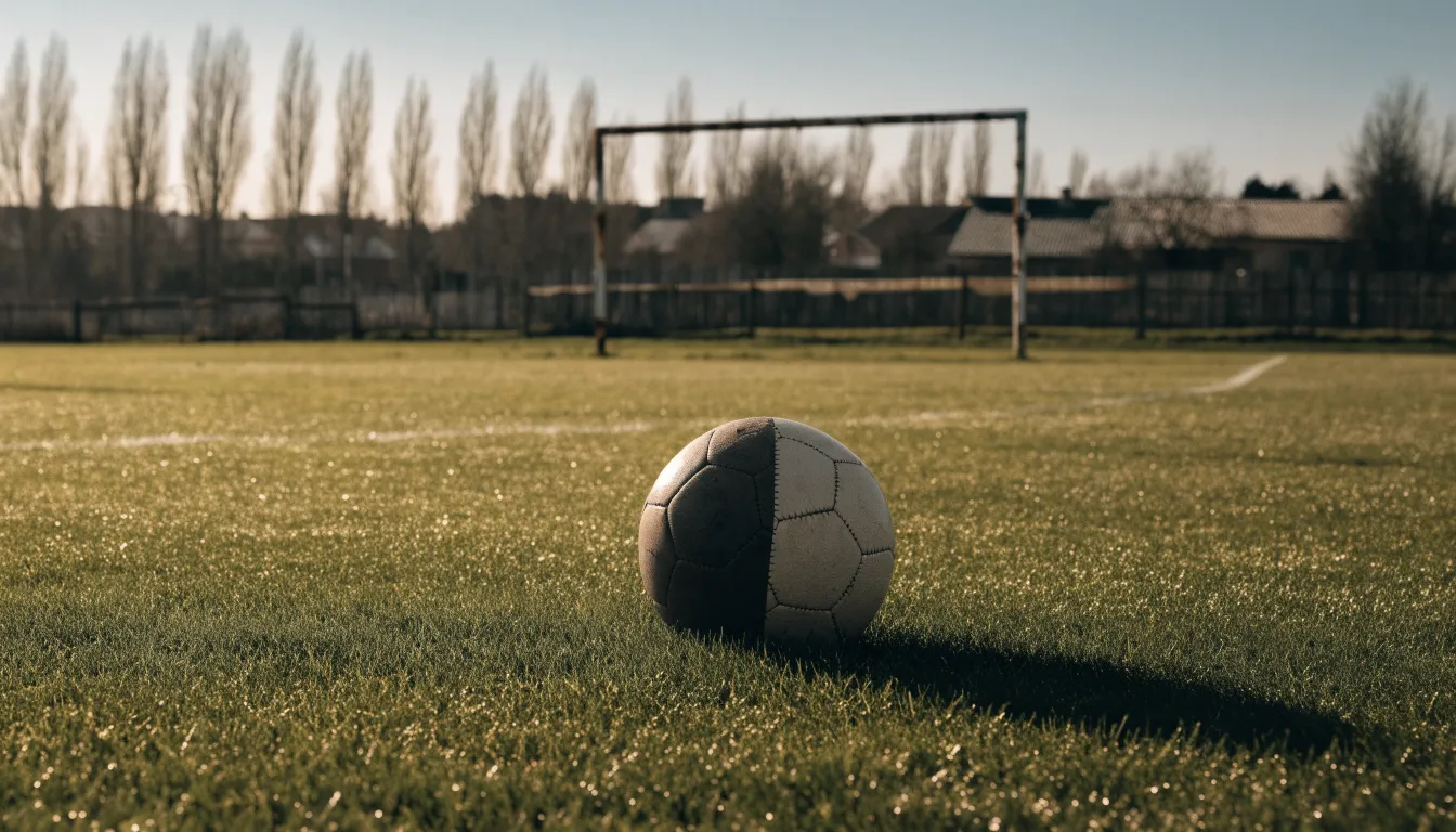 Ein Fußball auf dem Rasen eines leeren Sportplatzes am Rand einer Kleinstadt im Morgenlicht.